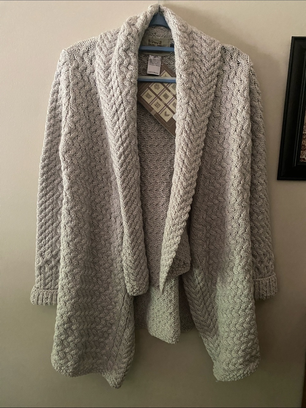 Aran Sweater Market Cozy Shawl Collar Cable Knit Sweater Cardigan Light Gray 🆕